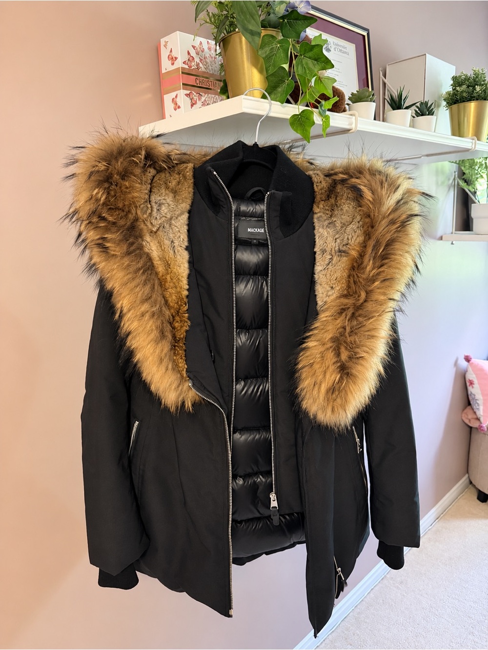 Mackage Adali Black Puffer Parka with Brown Fur-Trimmed Hood